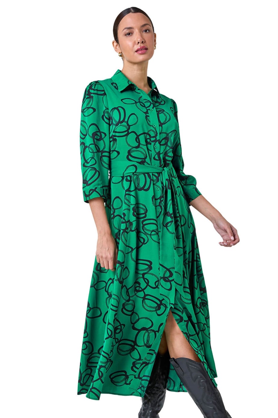Roman Green Abstract Circle Print Stretch Midi Shirt Dress