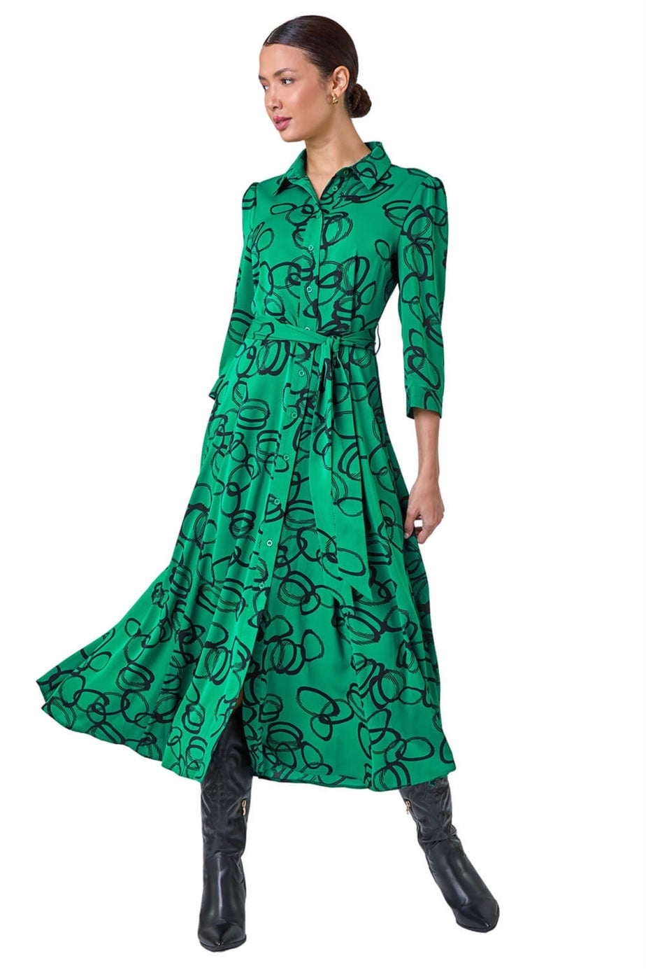 Roman Green Abstract Circle Print Stretch Midi Shirt Dress