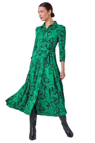 Roman Green Abstract Circle Print Stretch Midi Shirt Dress