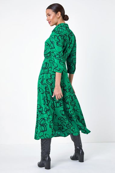 Roman Green Abstract Circle Print Stretch Midi Shirt Dress