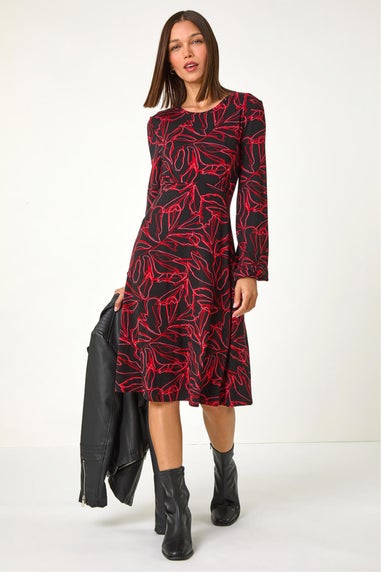 Roman Red Leaf Print Stretch Tea Dress