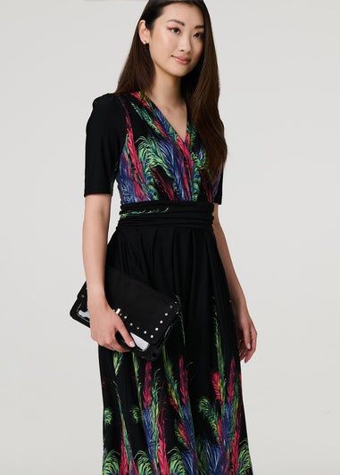 Izabel London Green Feather Print Faux Wrap Front Midi Dress
