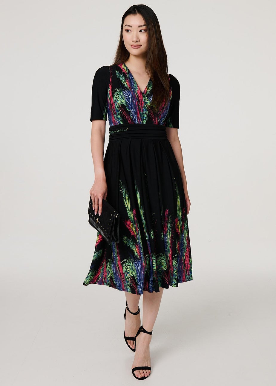 Izabel London Green Feather Print Faux Wrap Front Midi Dress