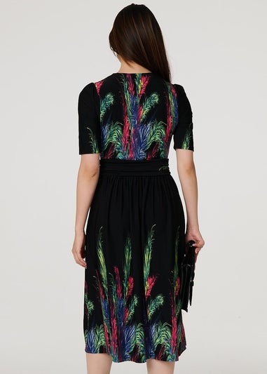 Izabel London Green Feather Print Faux Wrap Front Midi Dress