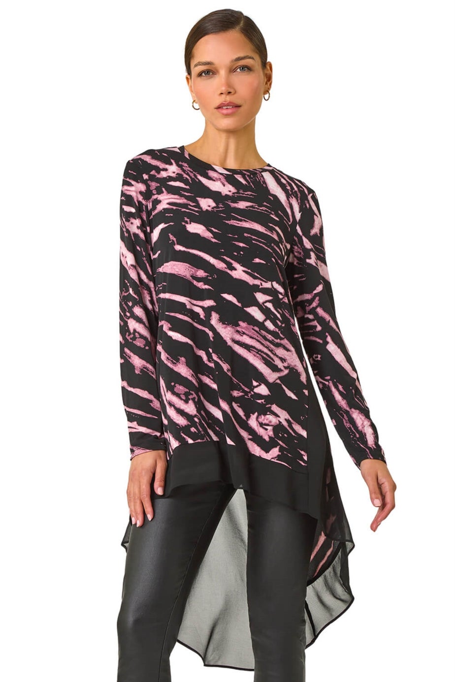 Roman Pink Abstract Print Chiffon Hem Tunic Top