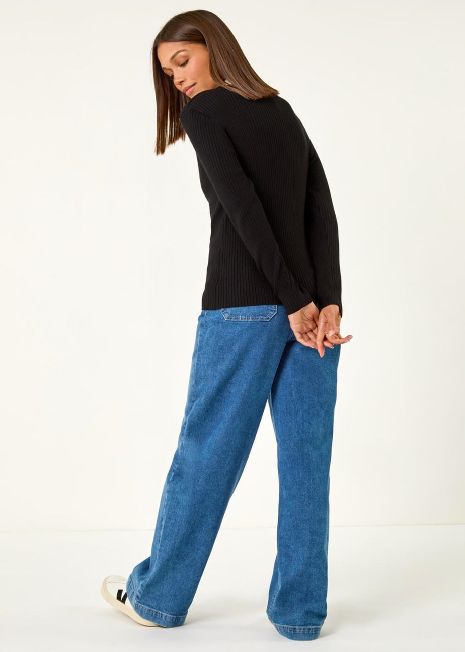 Roman Black Button Scallop Collar Ribbed Jumper