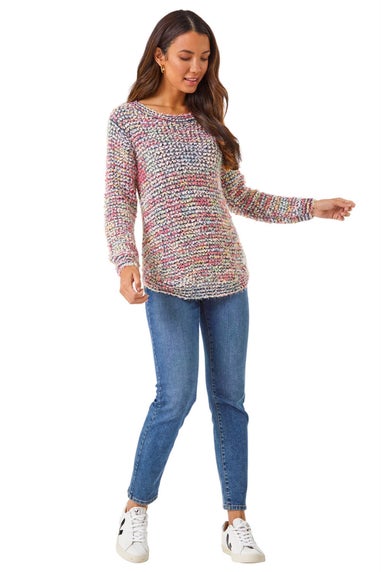 Roman Blue Fluffy Striped Curve Hem Jumper