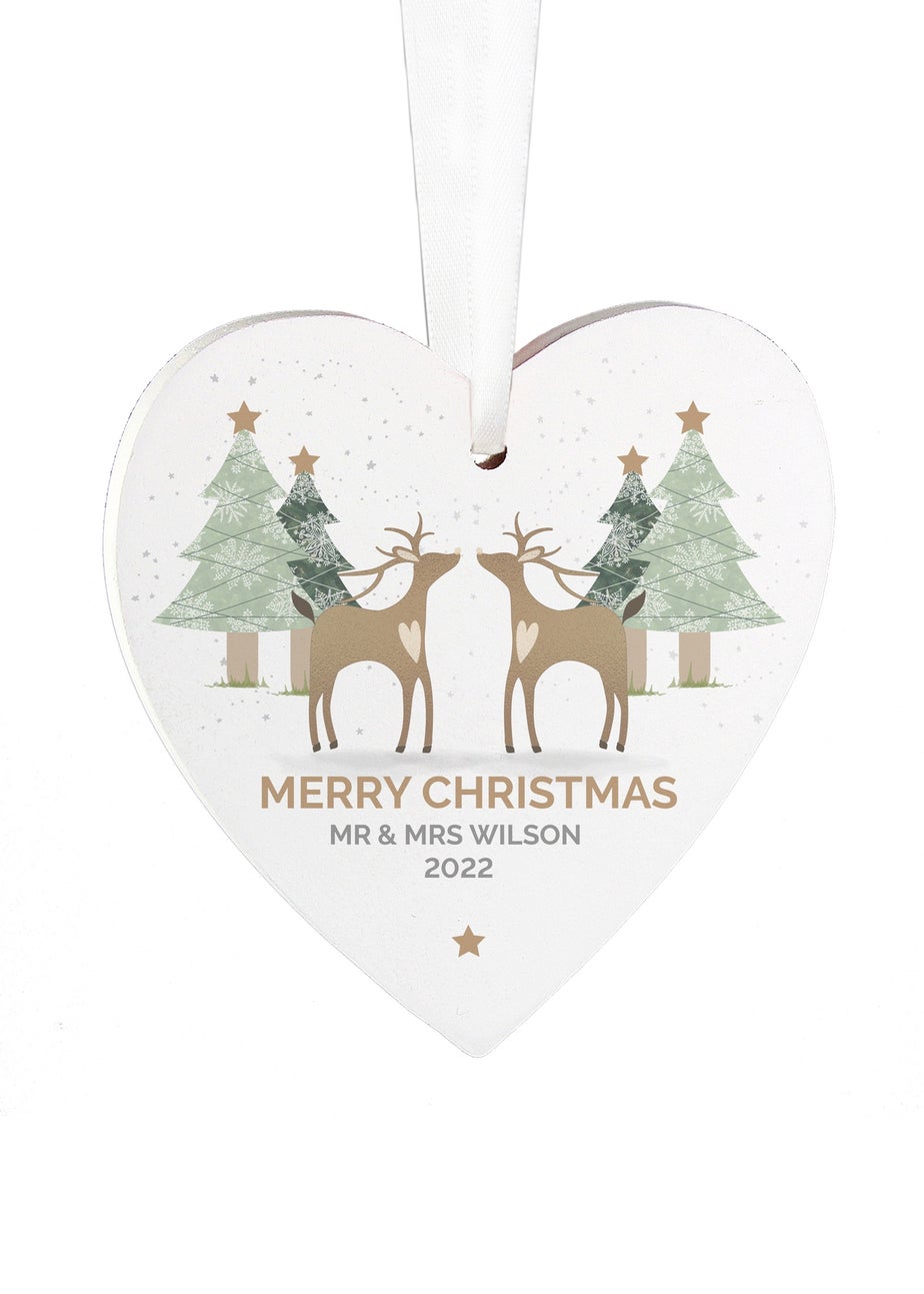 Personalised Memento Company Wood Reindeer Couple Heart Decoration
