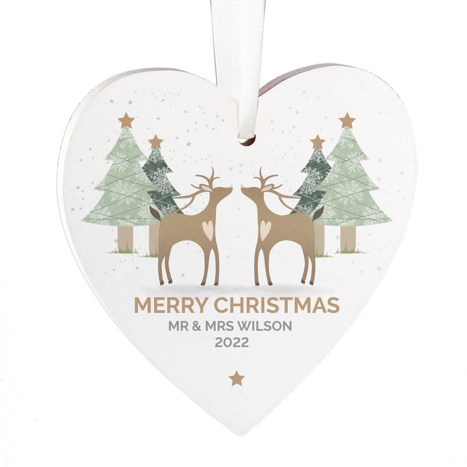 Personalised Memento Company Wood Reindeer Couple Heart Decoration