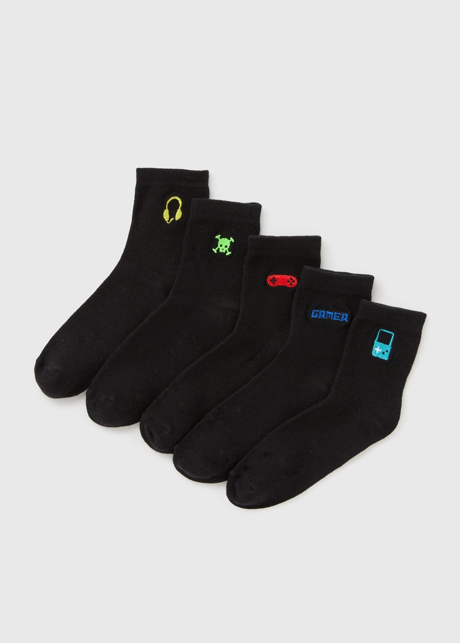 5 Pack Black Gamer Socks (Younger 6-Older 6.5)