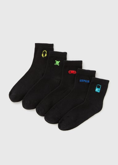 5 Pack Black Gamer Socks (Younger 6-Older 6.5)