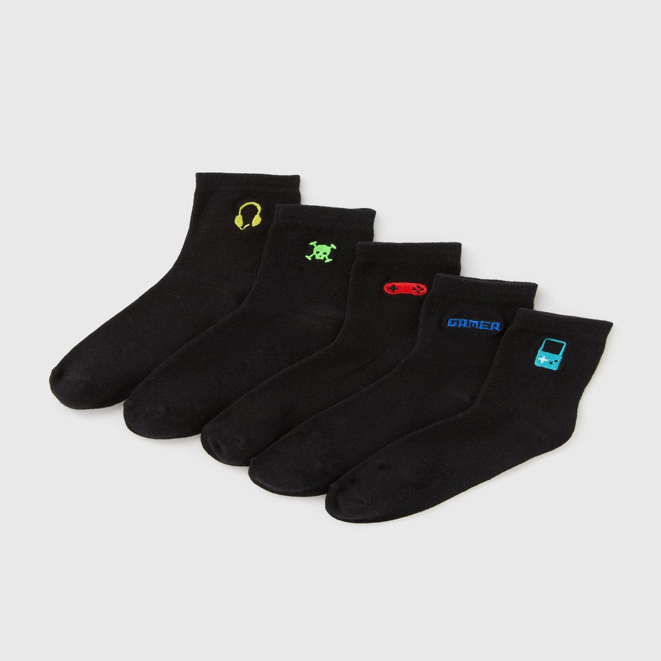 5 Pack Black Gamer Socks (Younger 6-Older 6.5)