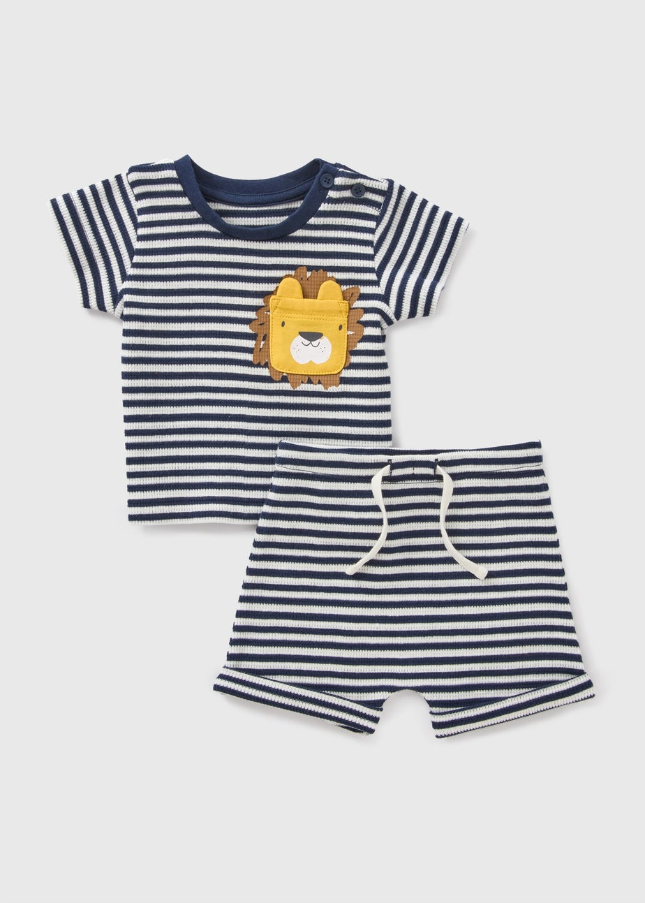 Baby Navy Lion Waffle Stripe Top & Shorts Set (Newborn-23mths)