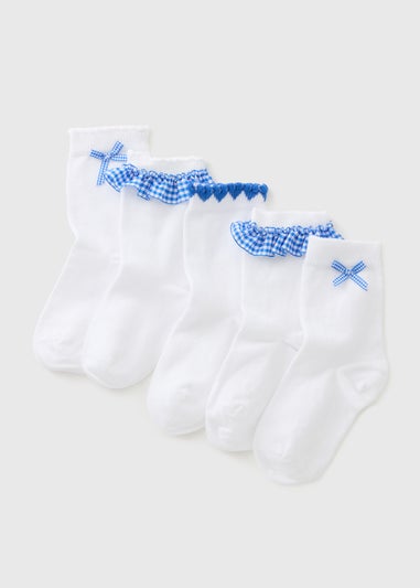 5 Pack Girls Blue Gingham Socks (Younger 6-Older 6.5)