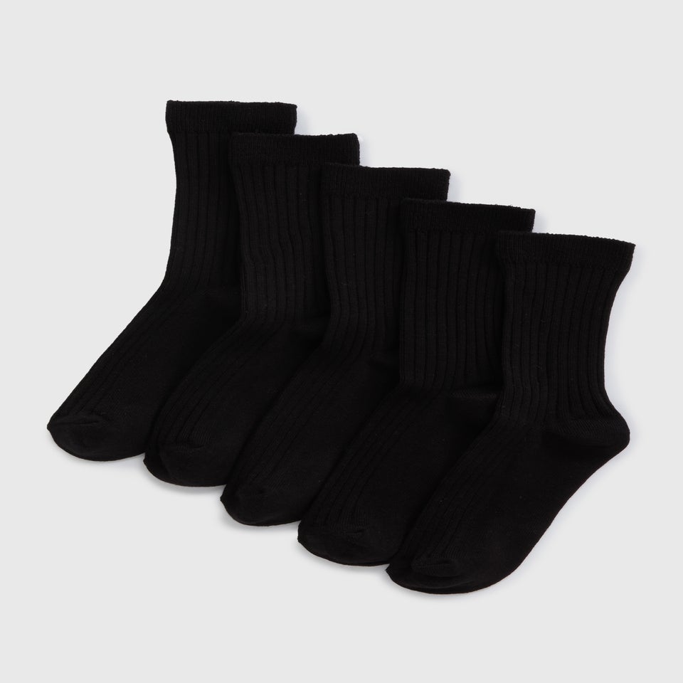 5 Pack Boys Black Ribbed Socks (Younger 9-Older 6.5)