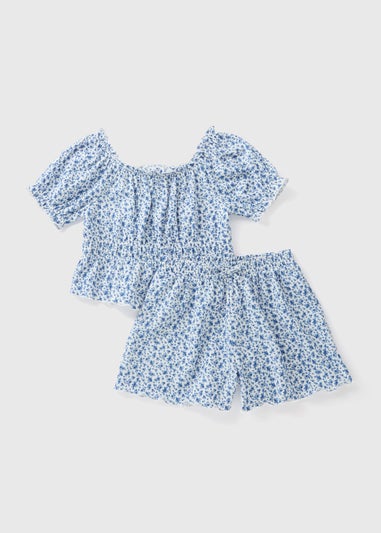 Girls Blue Floral Crinkle Top & Skirt Set (7-15yrs)