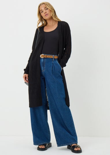 Black Longline Pointelle Cardigan