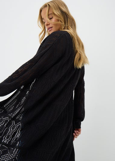 Black Longline Pointelle Cardigan