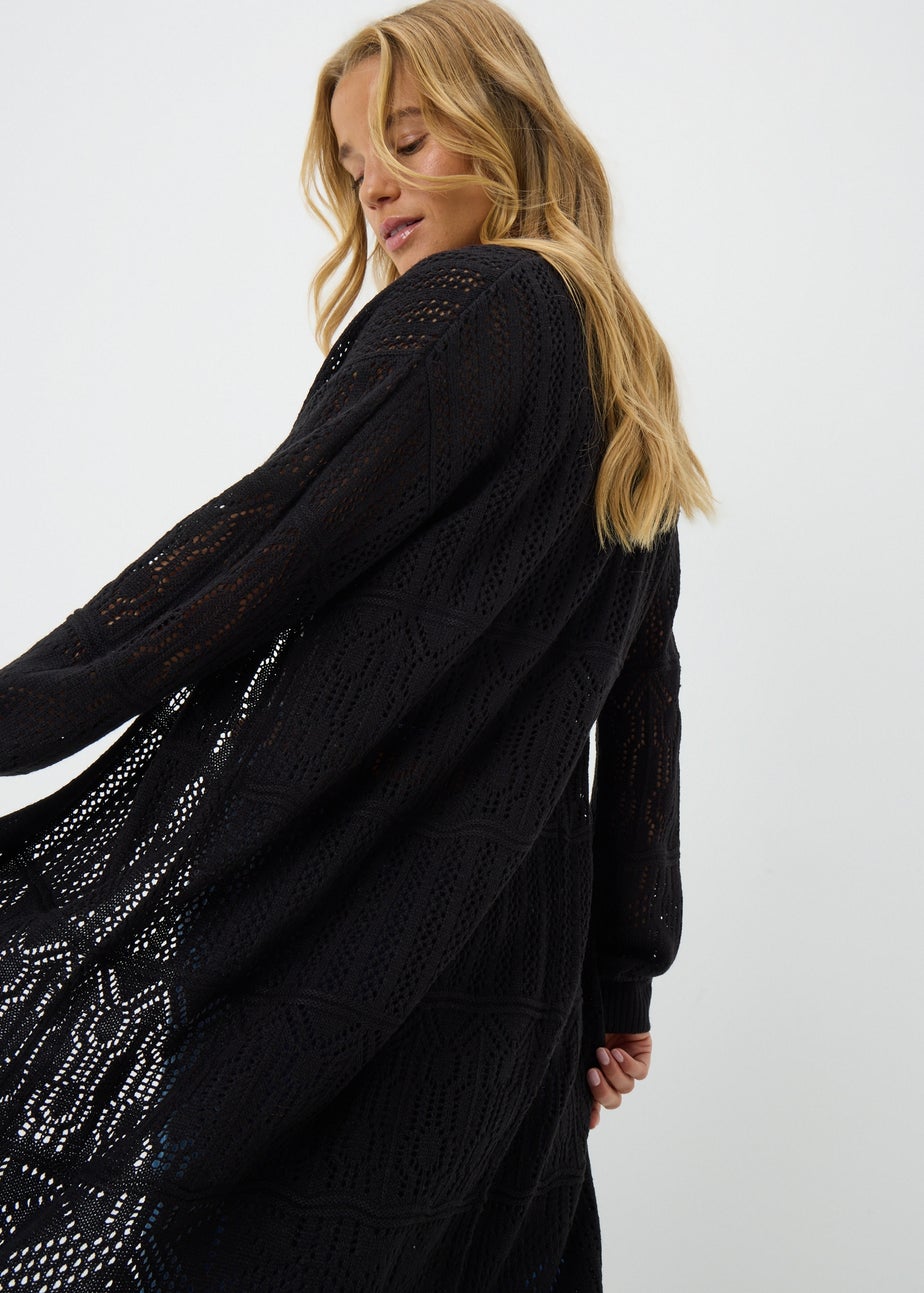 Black Longline Pointelle Cardigan