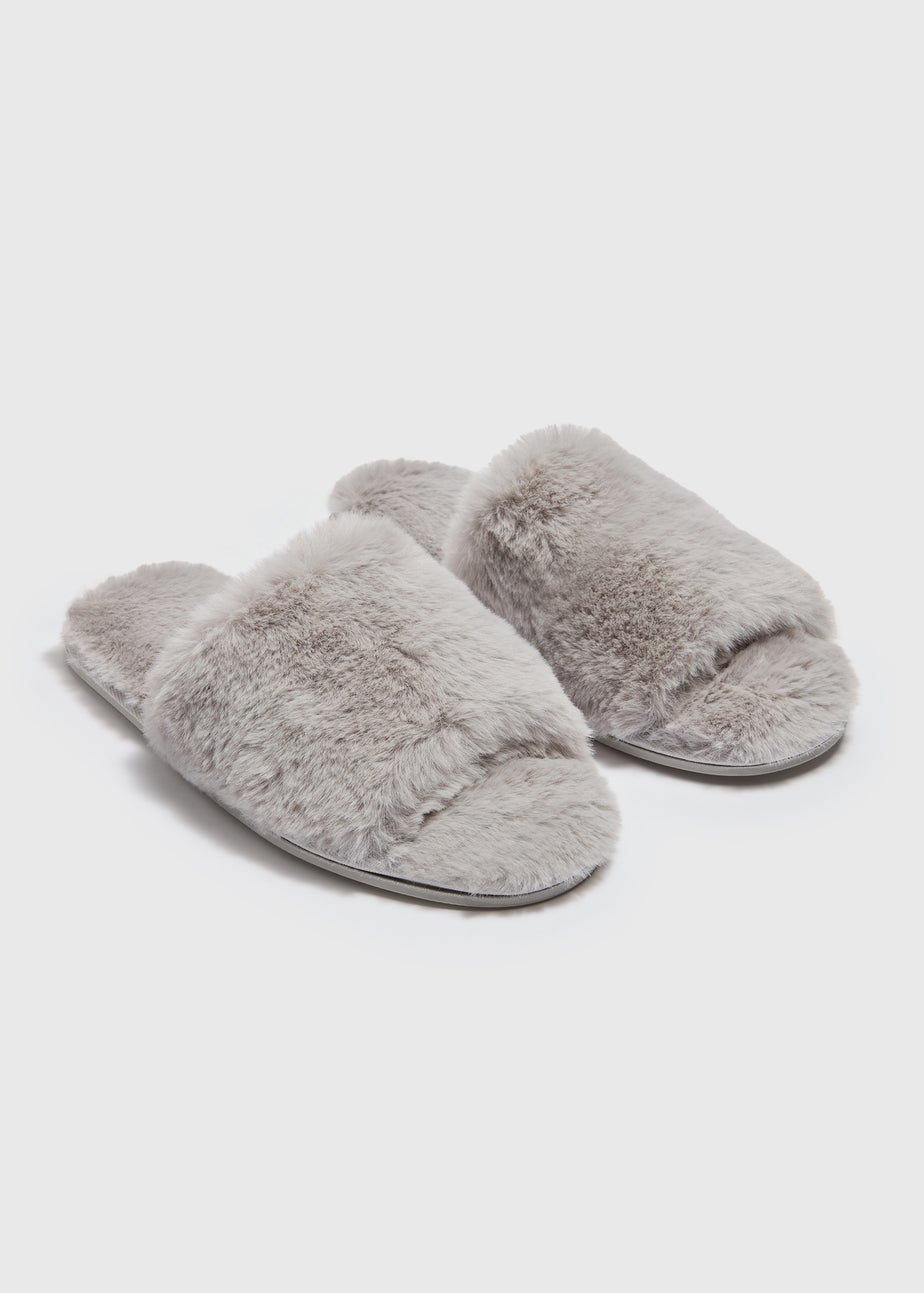 Grey Faux Fur Slider Slippers