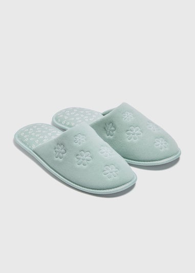 Green Flower Embossed Mule Slippers