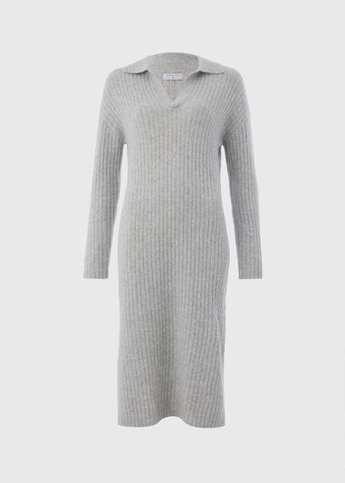 Grey Open Collar Knitted Dress