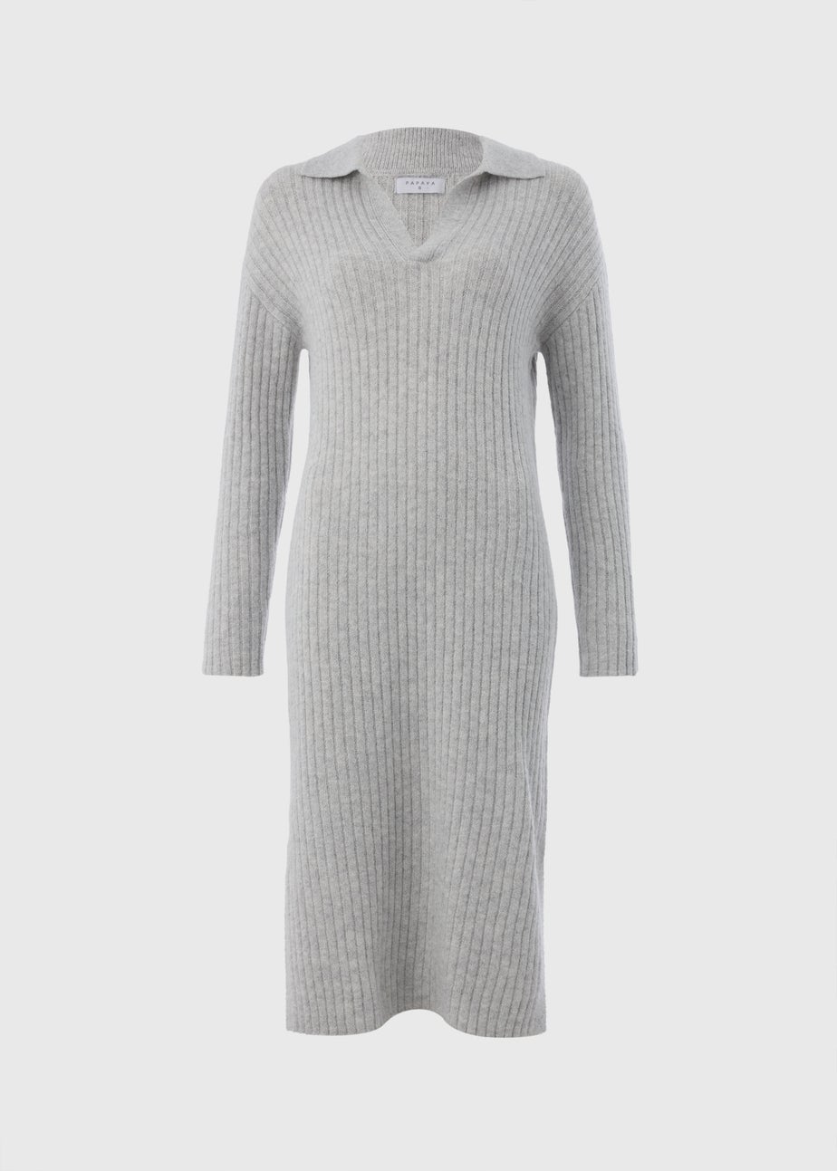 Grey Open Collar Knitted Dress