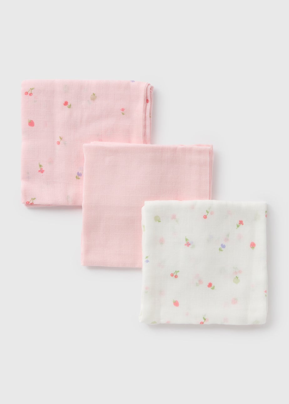 3 Pack Baby Pink Floral Muslin Cloths