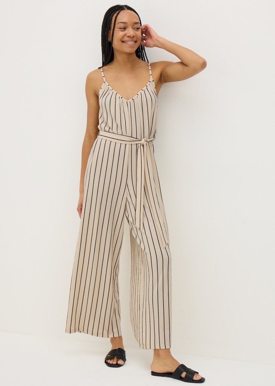 Cream Stripe Wide Leg Jersey Jumpsuit