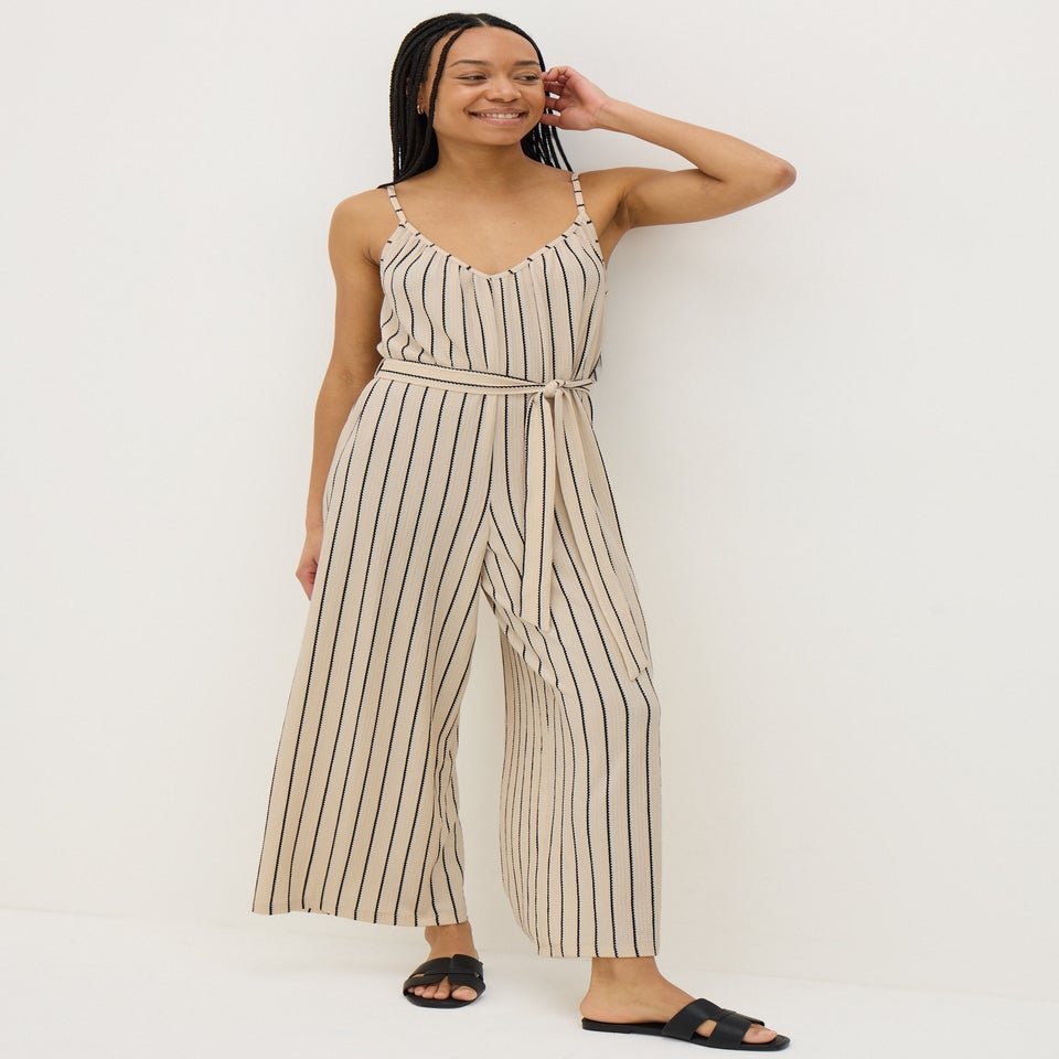 Cream Stripe Wide Leg Jersey Jumpsuit