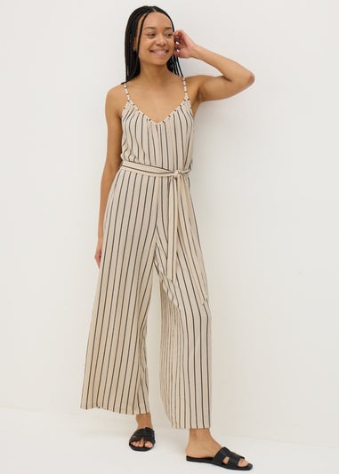 Cream Stripe Wide Leg Jersey Jumpsuit