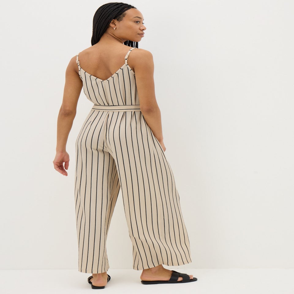 Cream Stripe Wide Leg Jersey Jumpsuit