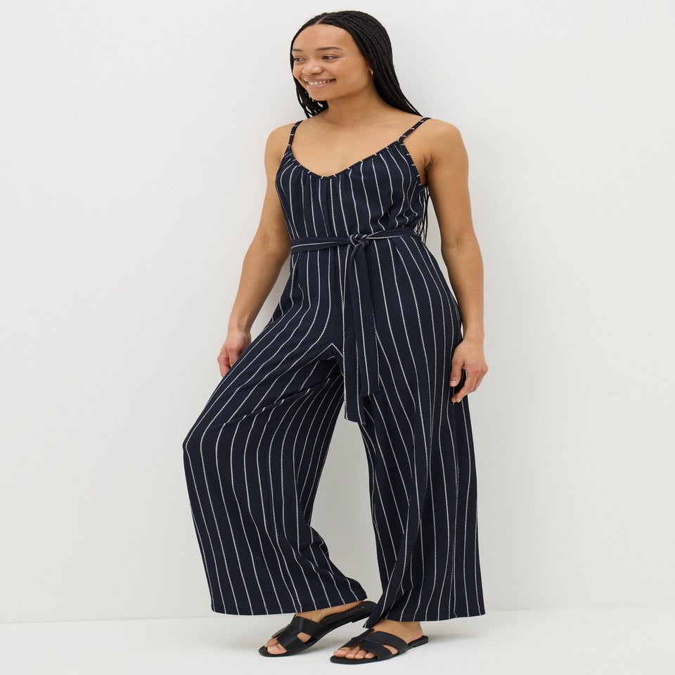 Navy Stripe Wide Leg Jersey Jumpsuit
