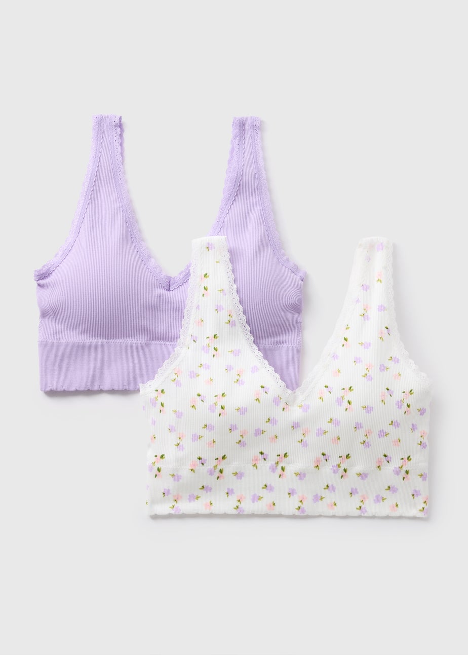 Lilac 2 Pack Ribbed Floral Bralette Set