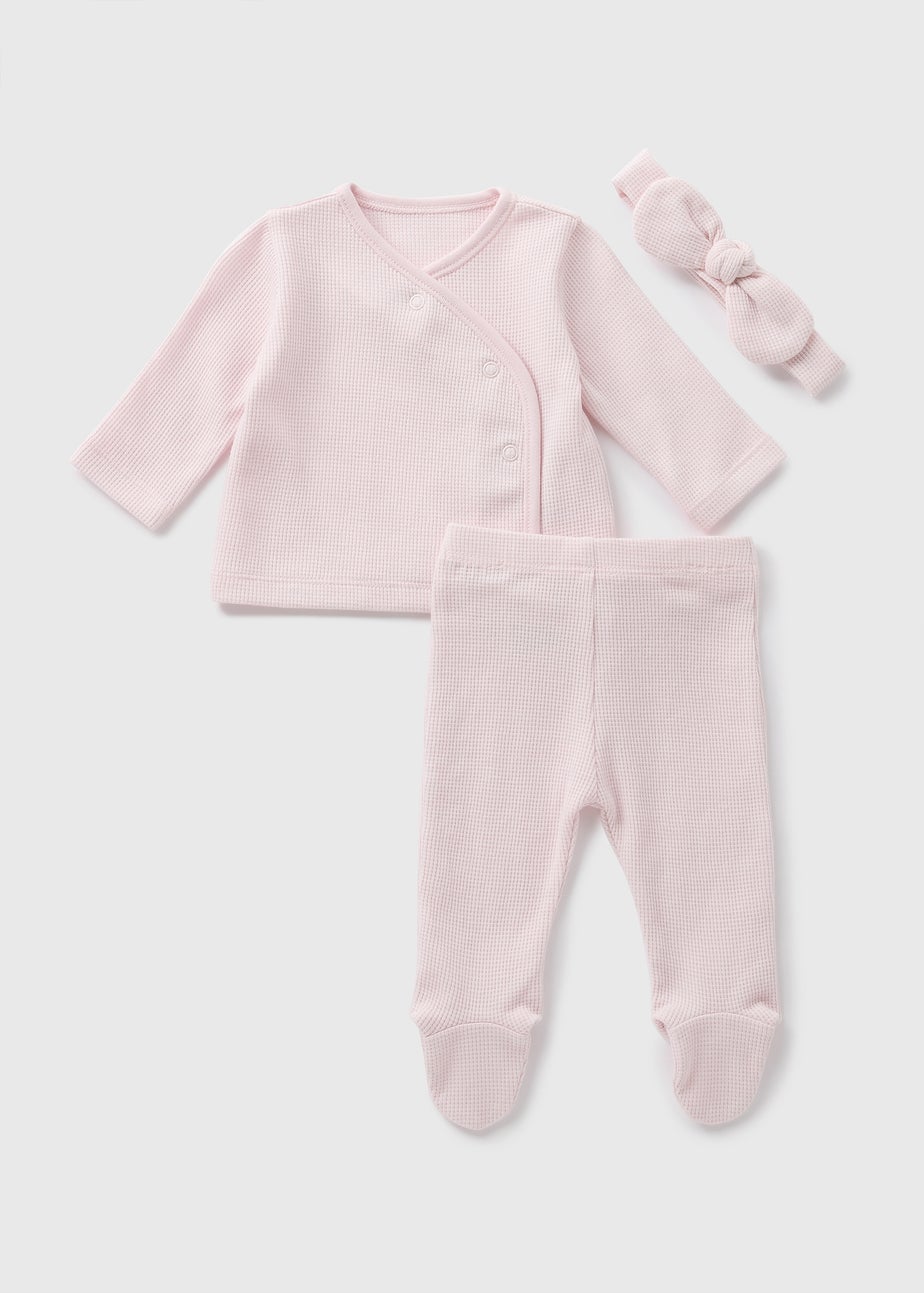 3 Piece Baby Pink Waffle Top & Legging Set (Newborn-12mths)