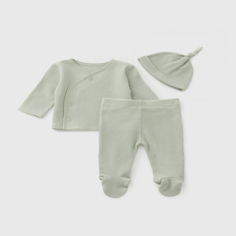 3 Piece Sage Blue Waffle Top & Trouser Set (Newborn-12mths)