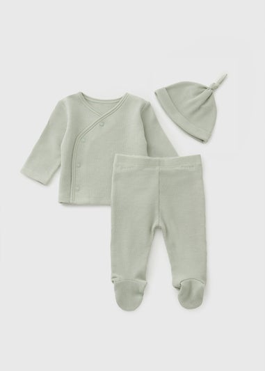 3 Piece Sage Blue Waffle Top & Trouser Set (Newborn-12mths)