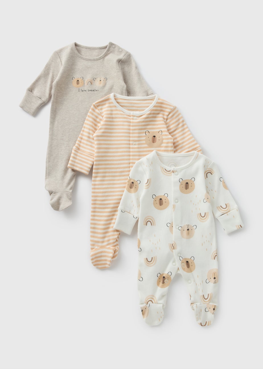 3 Pack Baby Beige Bear Sleepsuits (Newborn-18mths)