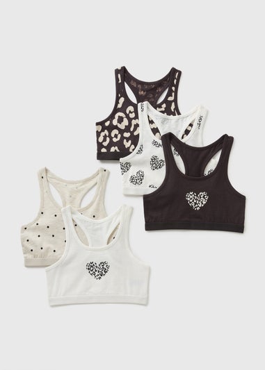 5 Pack Black Mono Leopard Racer Crop Tops (6-13yrs)