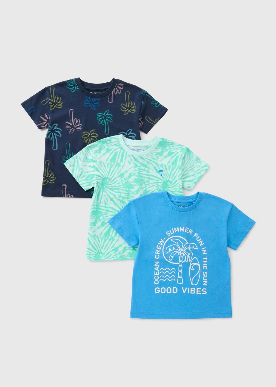 3 Pack Boys Blue Palm T-Shirts (1-7yrs)