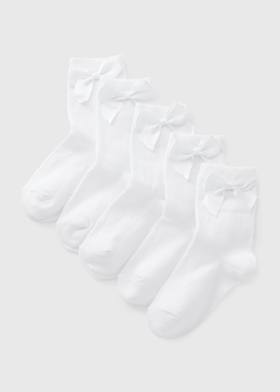 5 Pack Kids White Bow Socks (Younger 9-Older 6.5)