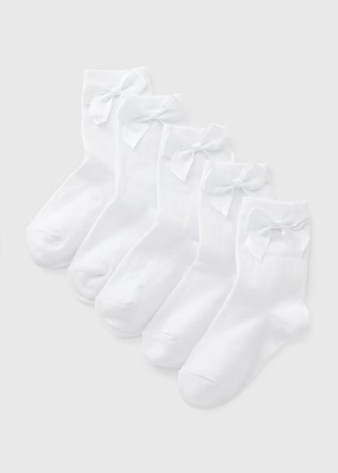 5 Pack Kids White Bow Socks (Younger 9-Older 6.5)