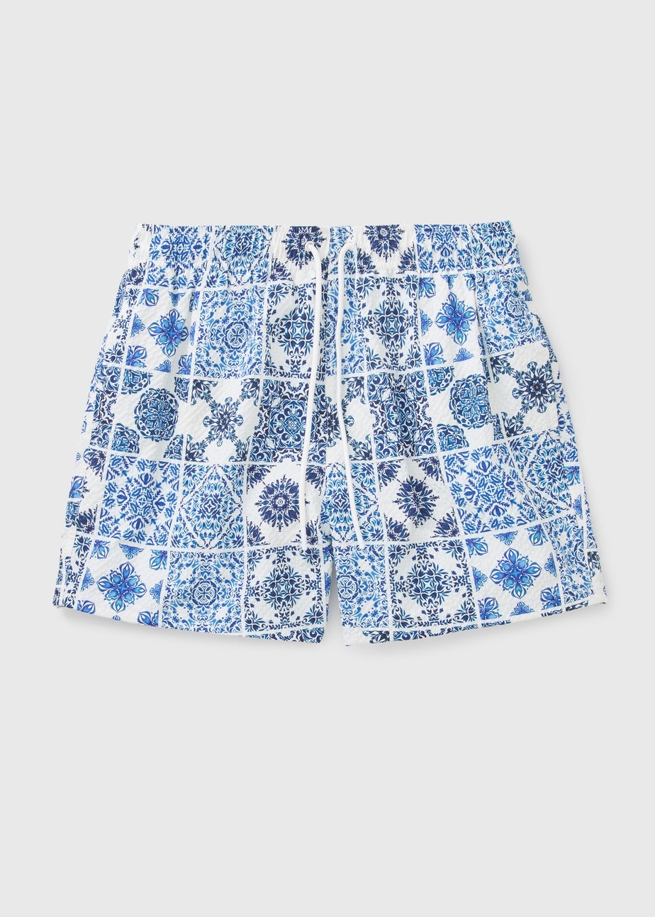 Blue Textured Tile Print Swim Shorts