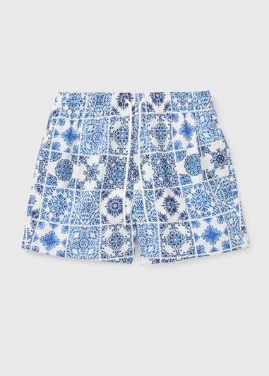 Blue Textured Tile Print Swim Shorts