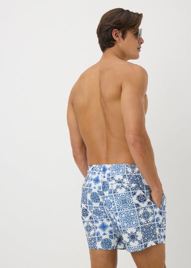 Blue Textured Tile Print Swim Shorts
