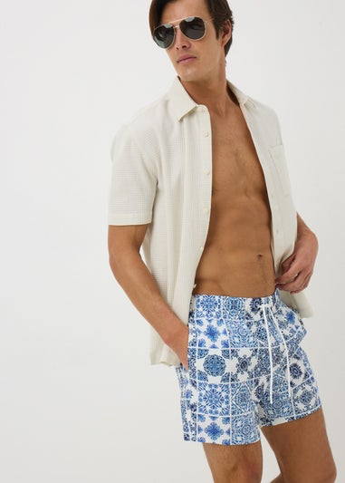Blue Textured Tile Print Swim Shorts