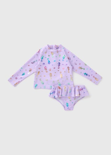 Girls Purple 2 Piece Seahorse Swimming Costume