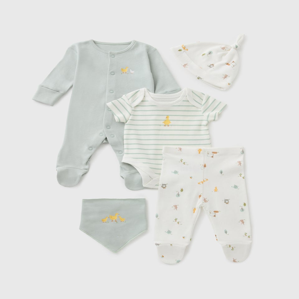 5 Piece Baby Grey Farm Animal Sleepsuit & Bodysuit Set (Newborn-6mths)