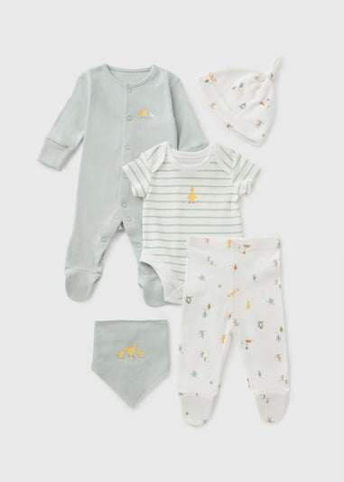 5 Piece Baby Grey Farm Animal Sleepsuit & Bodysuit Set (Newborn-6mths)