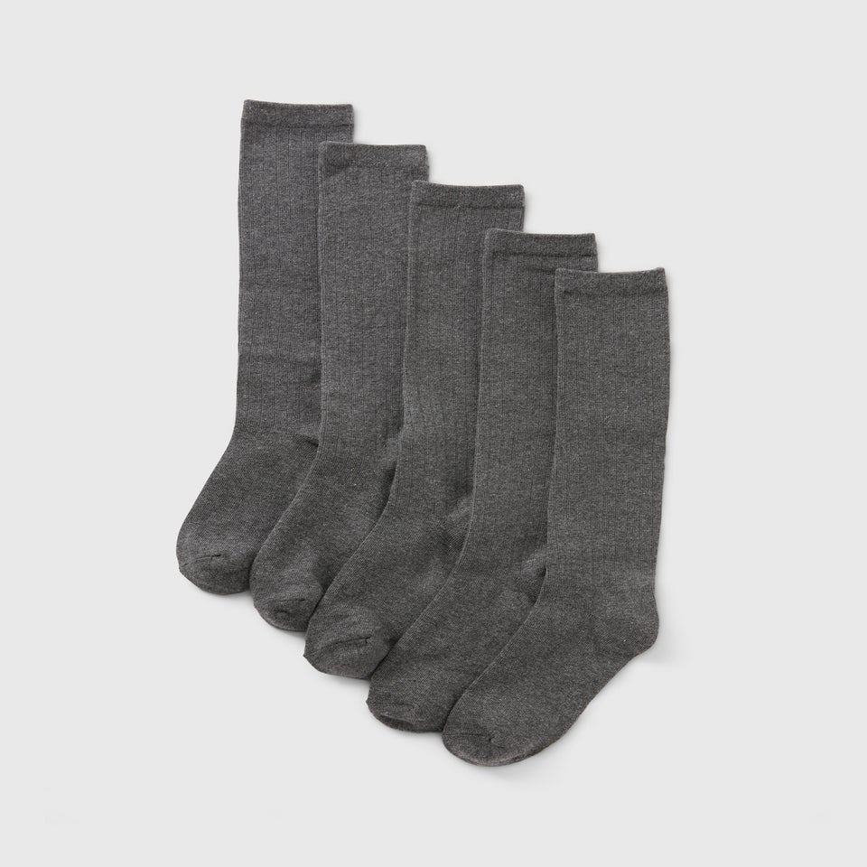 5 Pack Girls Grey Ribbed Knee High Socks (Younger 6-Older 6.5)